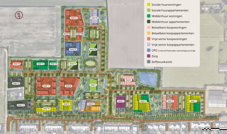 Een kaart met legenda van Noorderbunder. Op deze kaart kun je zien welke woonvelden er zijn en waar die staan
